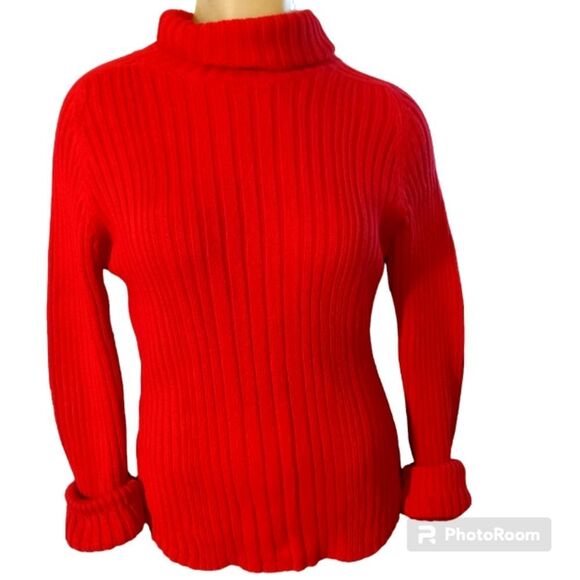 Vintage Thick Red  Cable Knit Women's Cherry Red Turtle Neck Sweater Sz M - Picture 1 of 8